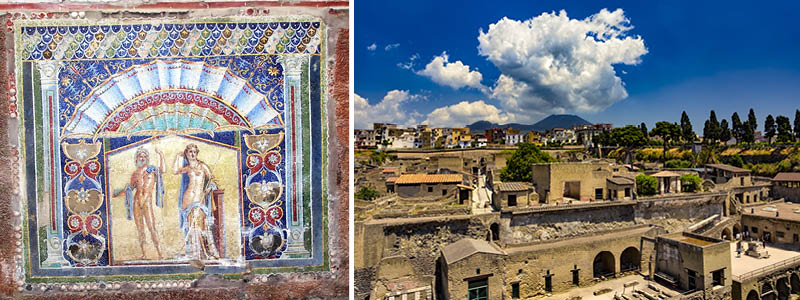 Ruinbyen Herculanum med Vesuv i baggrunden, Italien